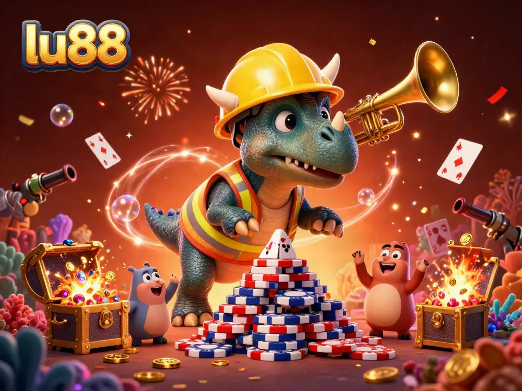 Engage in thrilling gameplay at lu88 with a vibrant casino celebration featuring animated characters and festive elements.