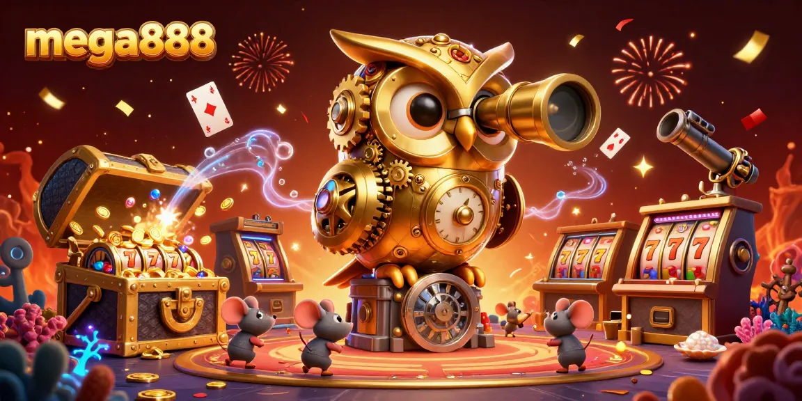Experience mega888's immersive casino world with a vibrant 3D illustration of golden owl and mouse patrons.