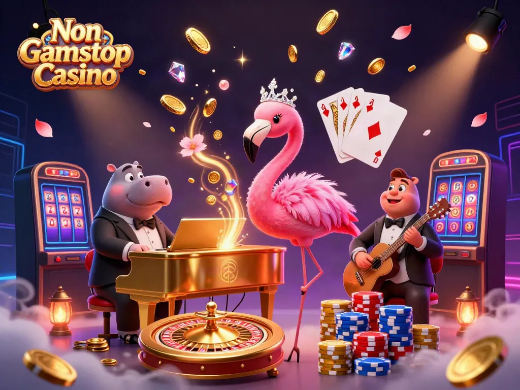 Experience the vibrant atmosphere of a Non Gamstop Casino with animated characters, gold coins, and excitement.