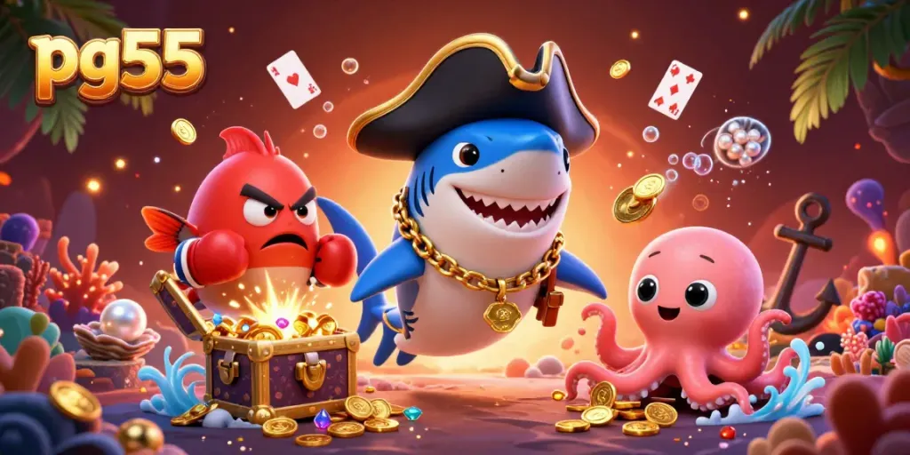 Experience thrilling games at pg55 with cartoon characters in a vibrant underwater casino scene.