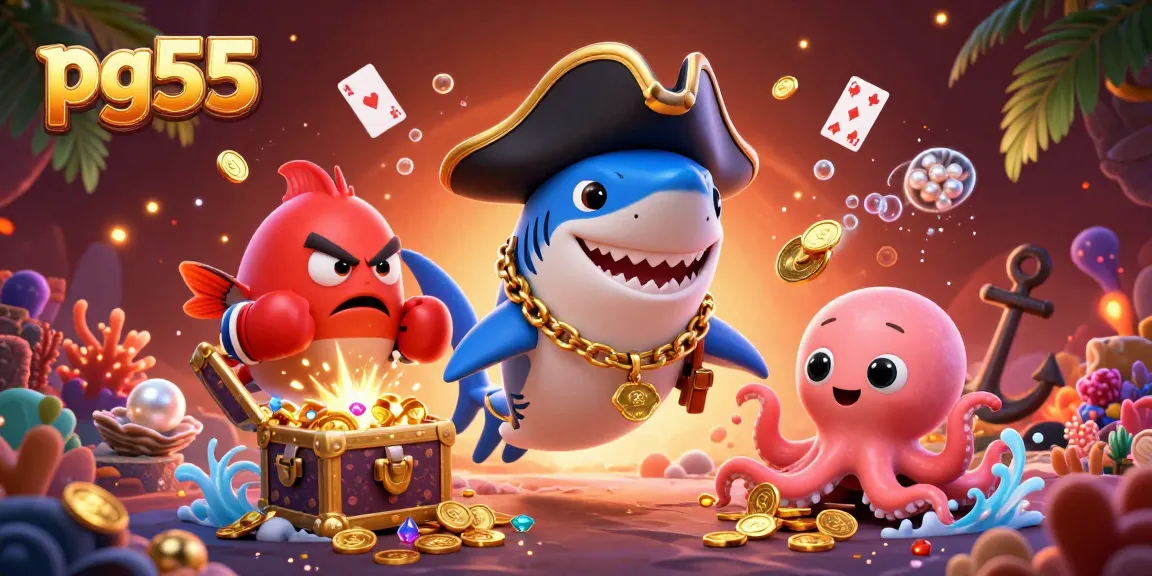 Experience thrilling games at pg55 with cartoon characters in a vibrant underwater casino scene.