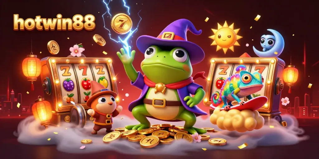 Play the exciting games at hotwin88 with the magical frog and vibrant chameleon illustration