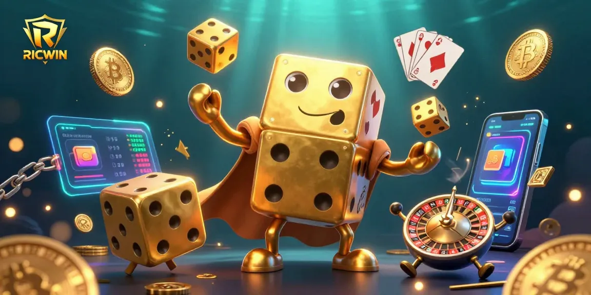 Experience RICWIN gaming magic in vibrant 3D art featuring golden dice and crypto elements.
