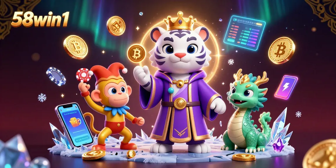 Win big with 58win1 amidst a vibrant casino scene featuring mascot characters and crypto elements.