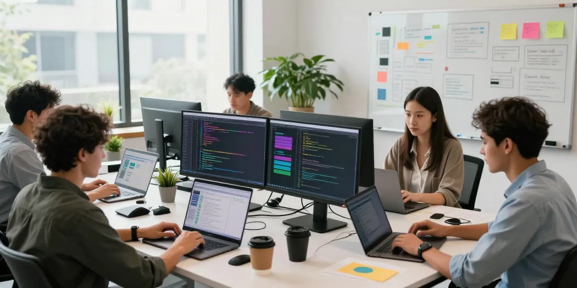 Developers in a tech workspace collaborating on WhatsApp下載 features, showcasing vibrant coding and app design.