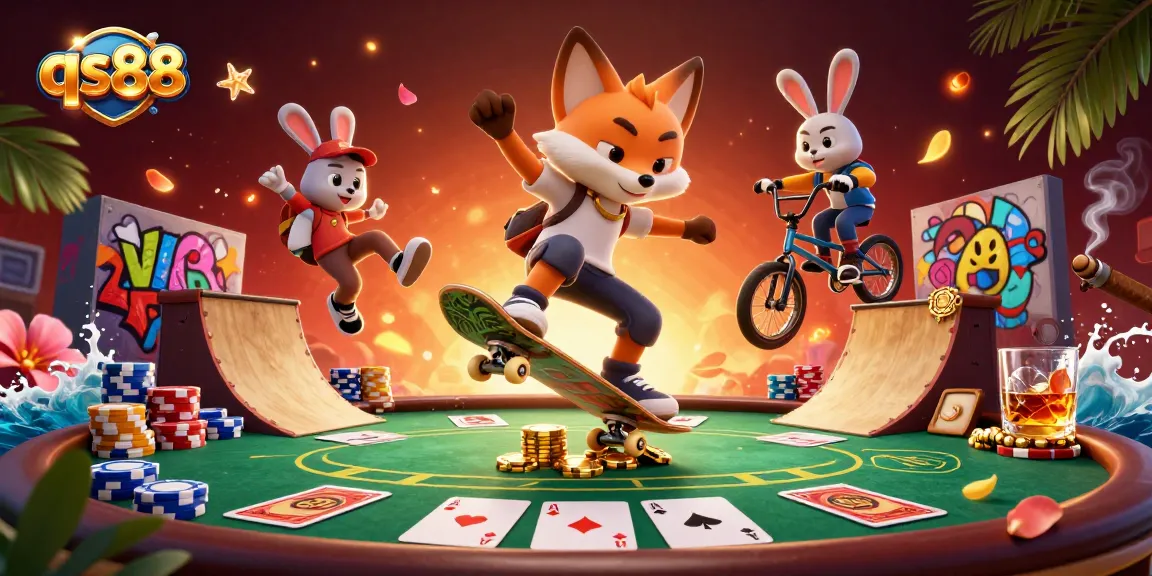 qs88 showcases a vibrant 3D illustration of a fox doing a skateboard trick over poker chips, merging casino excitement with dynamic action.