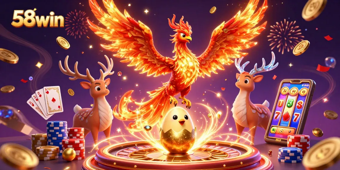 Engage with 58win’s vibrant 3D casino scene showcasing thrilling gaming elements like golden coins and a roulette wheel.