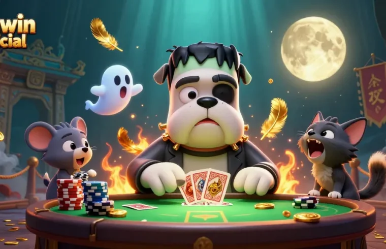 Engaging Sunwin Official scene featuring a Frankenstein bulldog dealer and festive gaming elements.