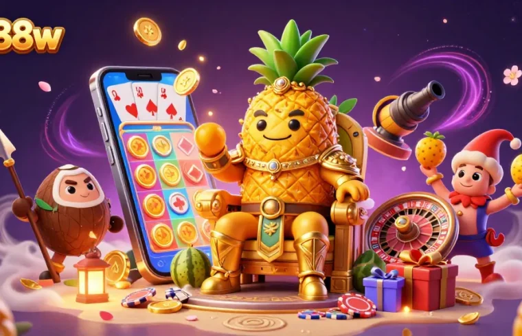 Experience dynamic gameplay with go88w as a golden pineapple king and his jester delight in a vibrant beach casino.