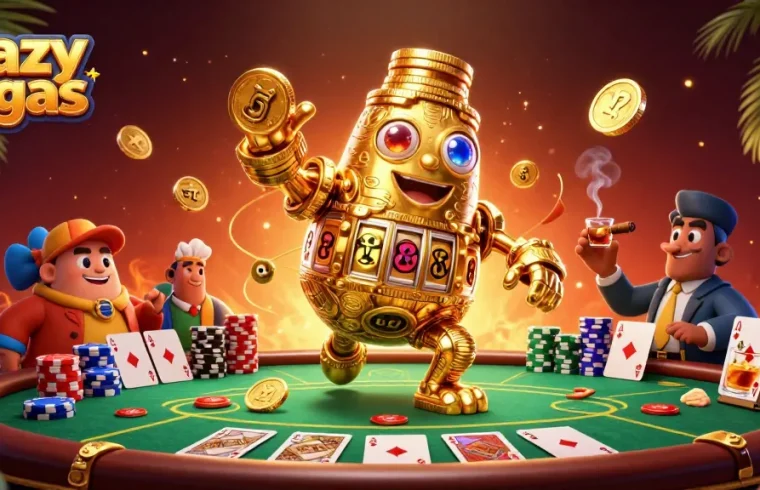 Experience the thrill of crazyvegas with the golden golem spinning slot machine symbols amidst poker excitement.
