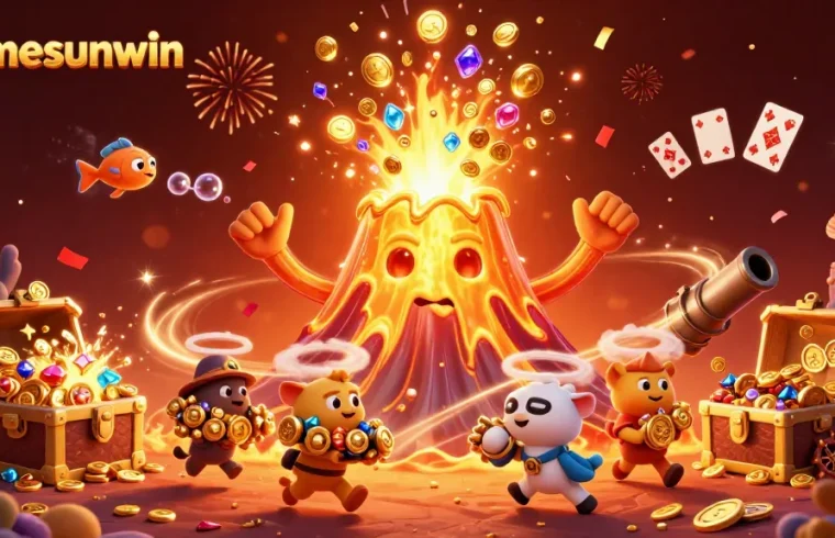 Experience the thrill of gamesunwin with coins erupting from a golden volcano in this vibrant casino scene.