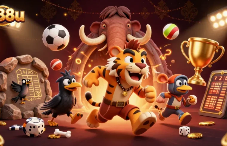 Experience the excitement of go88u with cavemen and a sabertooth running a prehistoric casino!